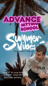 Coach Jacob of BOLD Athletics demonstrating volleyball hitting techniques with palm trees in the background; Advance Hitting School, Summer Vibes - training dates June 9 and June 16 at BOLD Athletics in Collierville, TN