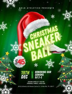 BOLD Athletics Christmas Sneakerball flyer—volleyball family, Dec 19, 2025, 7–11 PM, Collierville, holiday semi-formal with sneakers.