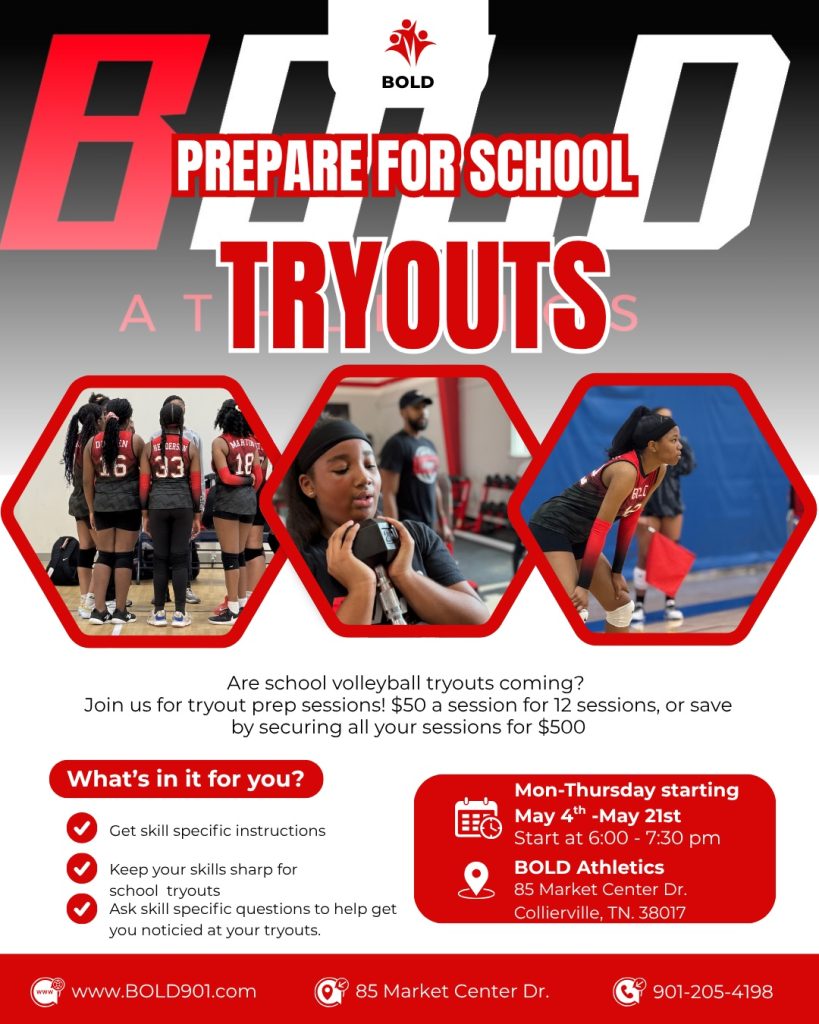 BOLD Athletics school volleyball tryout prep sessions in Collierville, TN for athletes preparing for school volleyball tryouts with skill-specific training