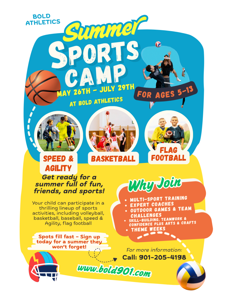 Promotional flyer for BOLD Athletics Summer Sports Camp, running May 26th to July 29th for ages 5 to 13. The playful blue and yellow design features photos of kids participating in speed and agility, basketball, flag football, and volleyball. Text highlights include multi-sport training, expert coaches, outdoor games, skill-building, arts and crafts, and theme weeks. Contact details feature a QR code, the phone number 901-205-4198, and the website www.bold901.com.