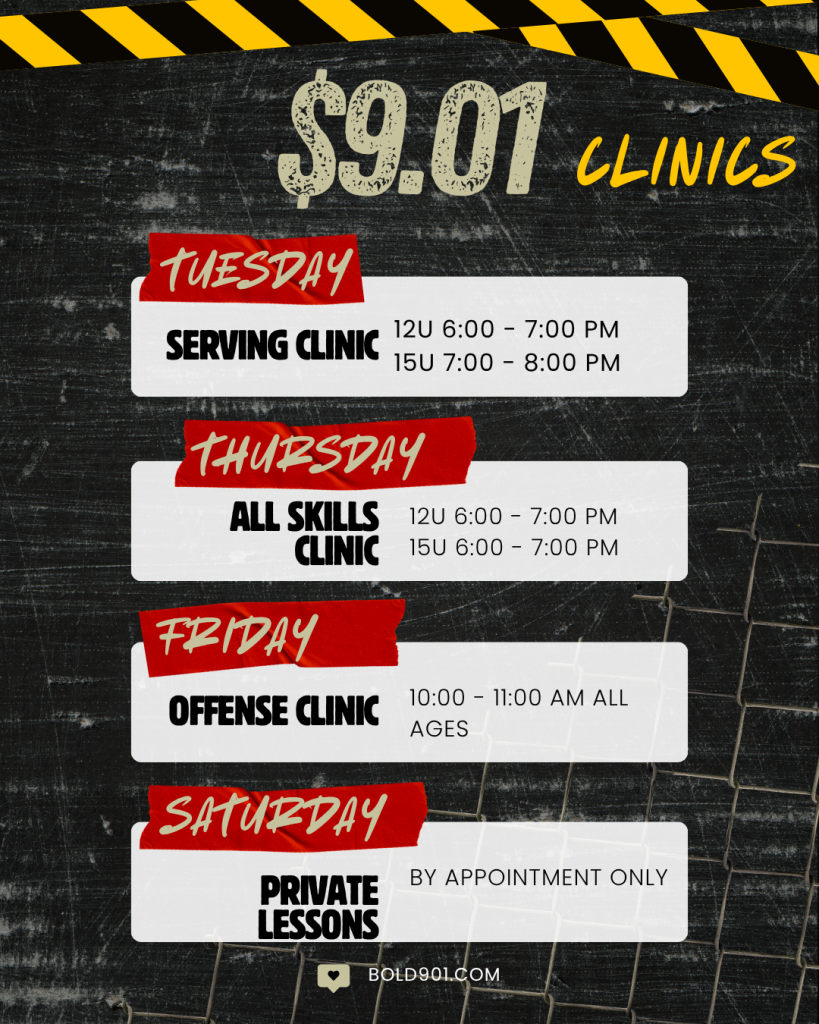 Flyer for BOLD Athletics $9.01 Drop-In Volleyball Clinics in Collierville, TN, featuring Tuesday Serving, Thursday All Skills, Friday Offense, and Saturday Private Lessons for 12U and 15U athletes.